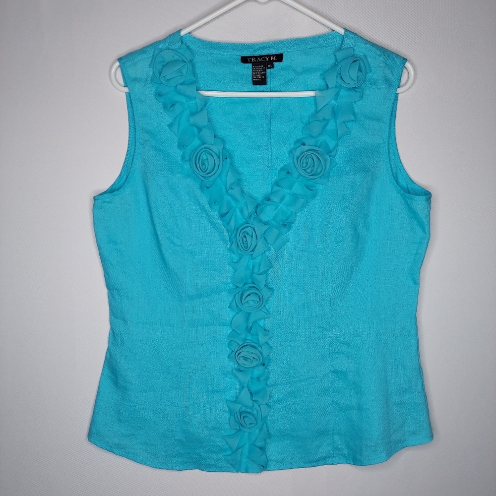 Tracy M Women Linen Button Top XL Turquoise Rosette Rose Coastal Shabby